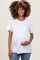 woman wearing a white maternity t-shirt and holding her baby bump in front of a neutral background