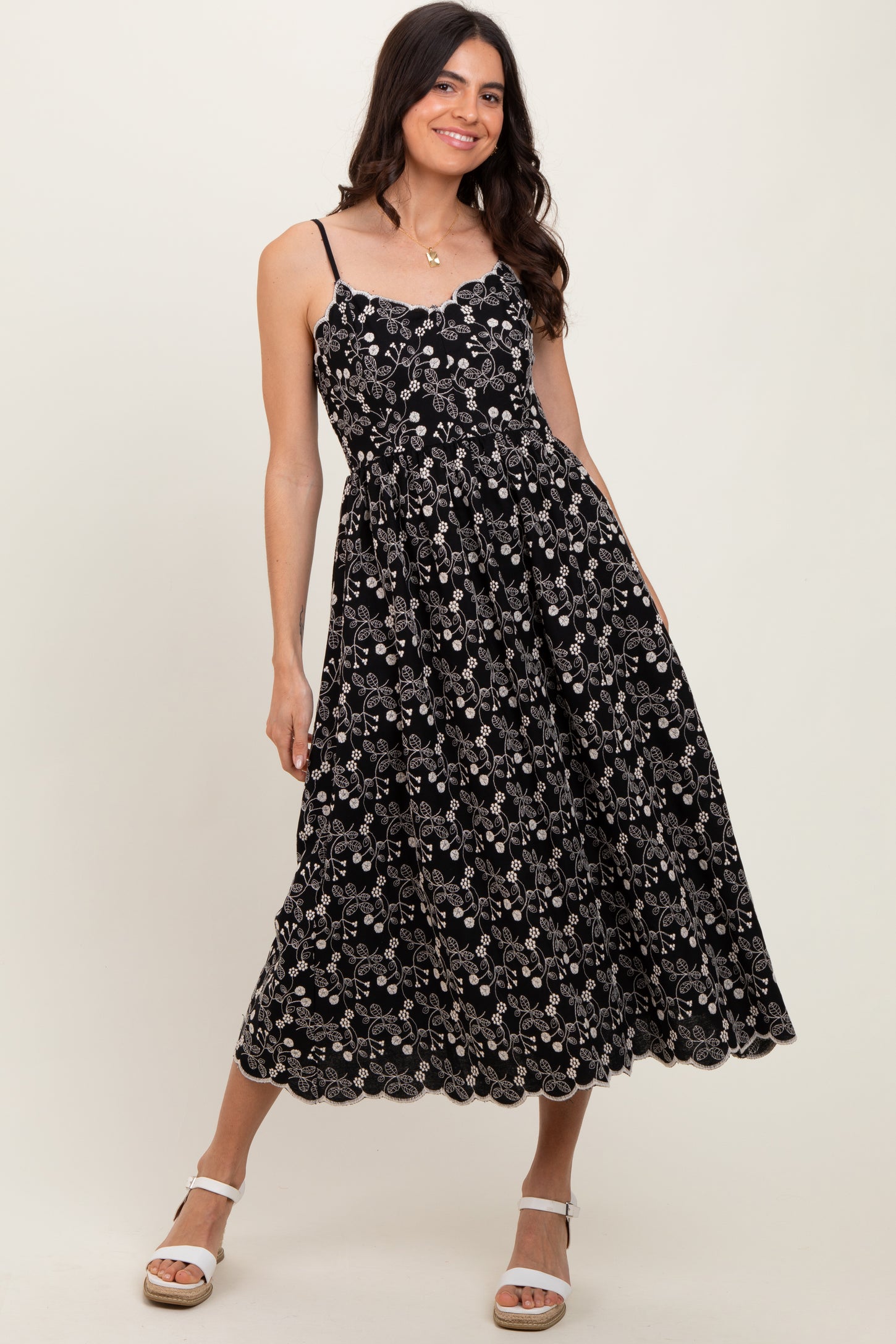 Black Floral Embroidered Scallop Detail Maternity Midi Dress