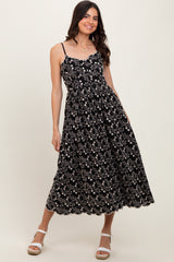 Black Floral Embroidered Scallop Detail Maternity Midi Dress