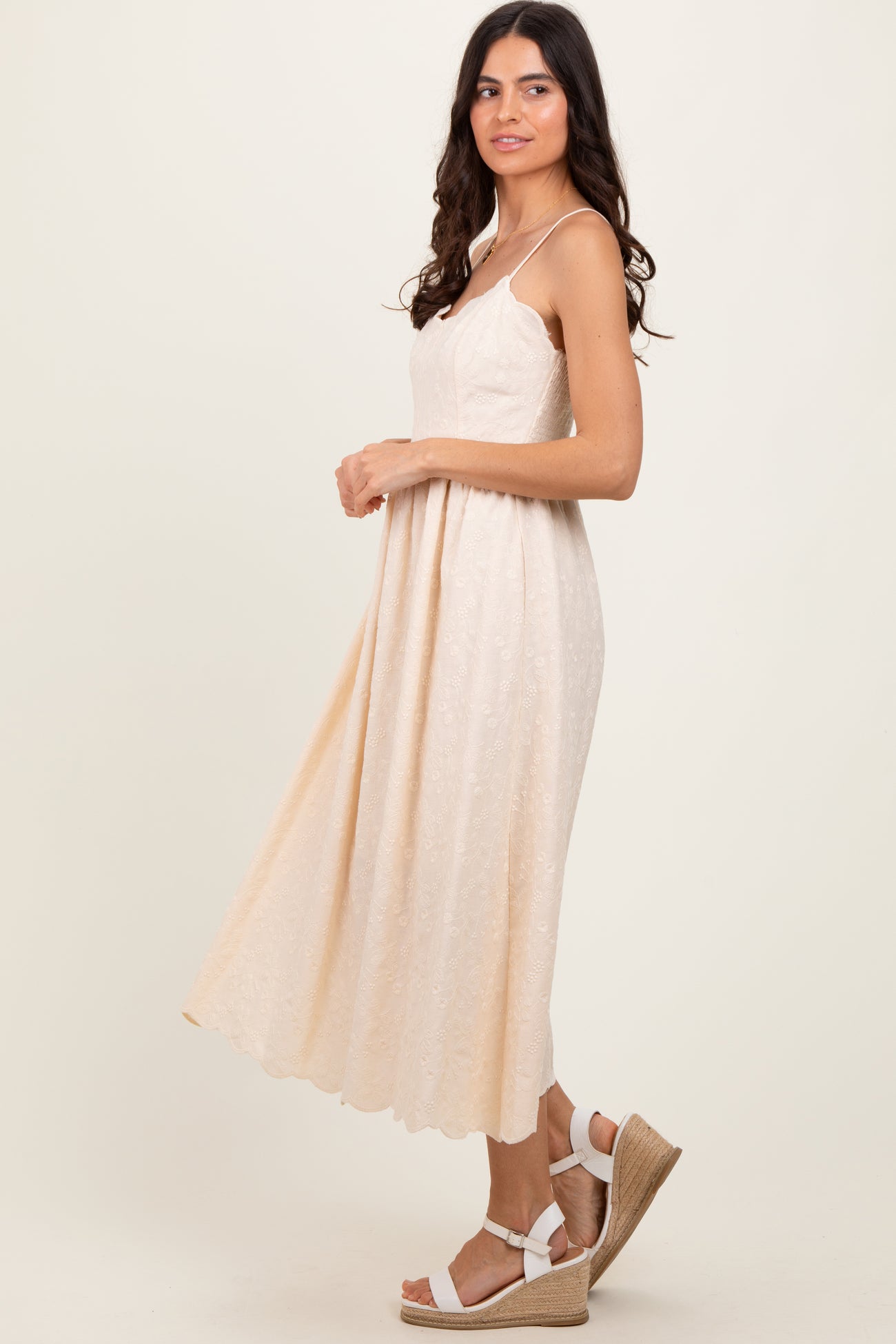 Cream Floral Embroidered Scallop Detail Midi Dress