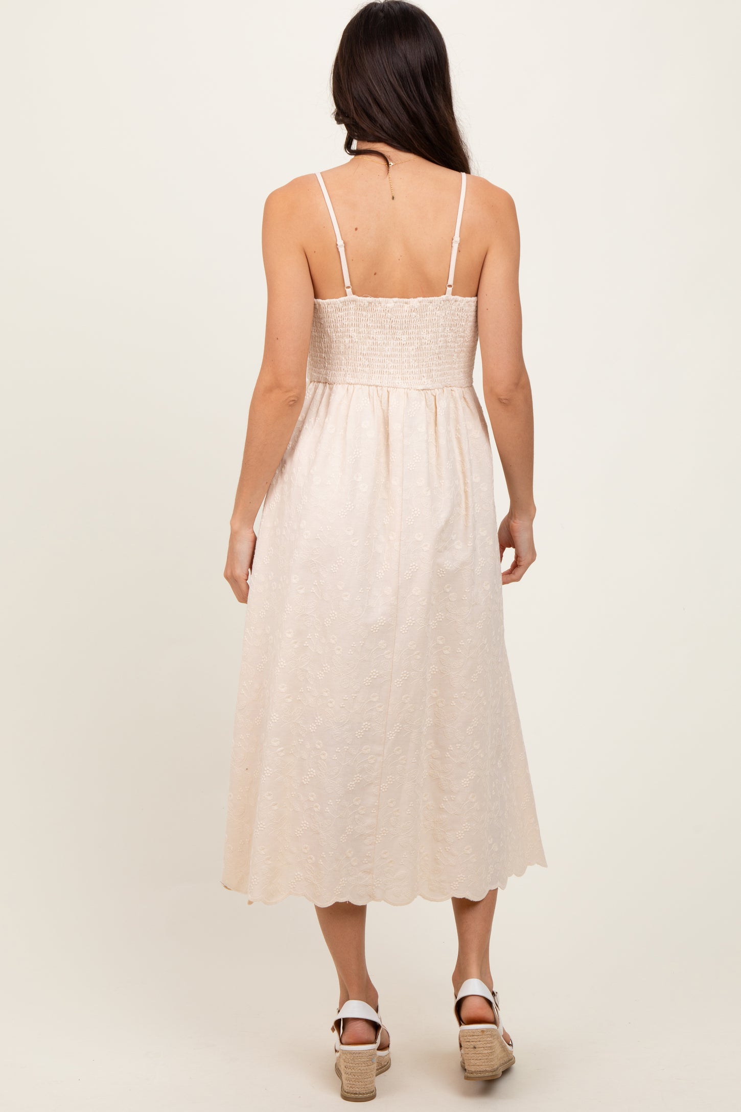 Cream Floral Embroidered Scallop Detail Midi Dress