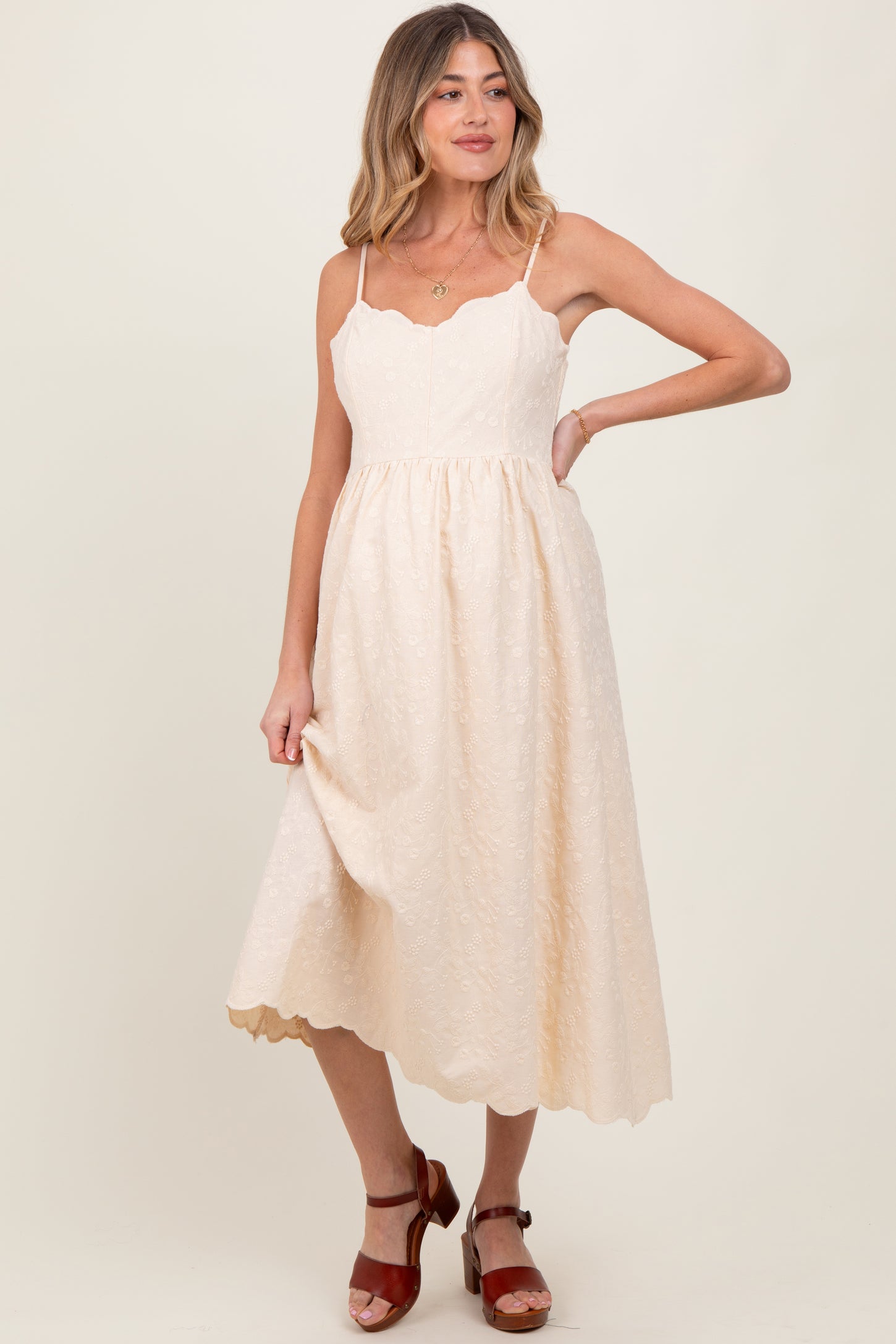 Cream Floral Embroidered Scallop Detail Maternity Midi Dress