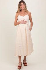 Cream Floral Embroidered Scallop Detail Maternity Midi Dress