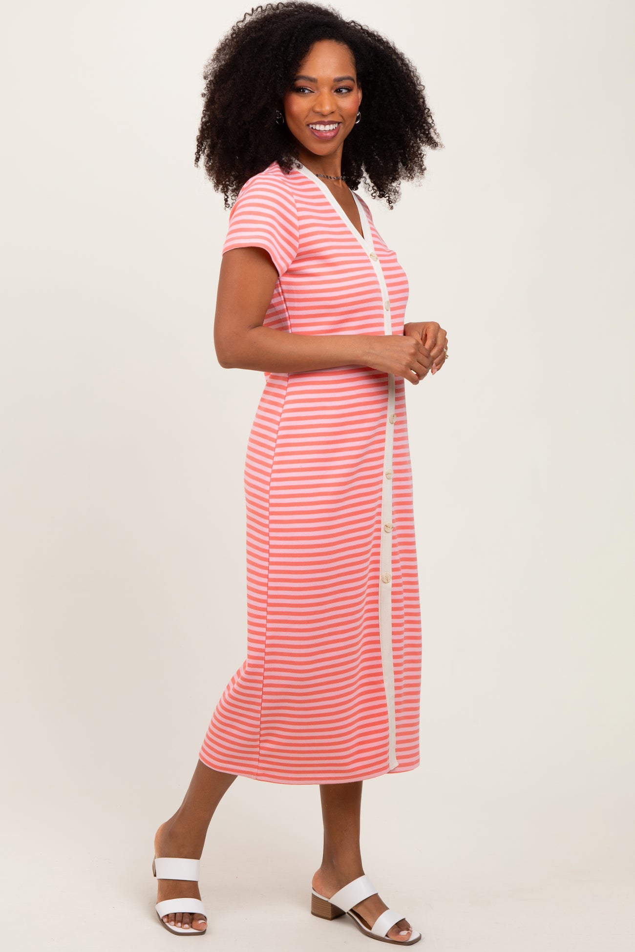 Pink Striped Button Down Midi Dress