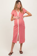 Red Striped Button Down Maternity Midi Dress