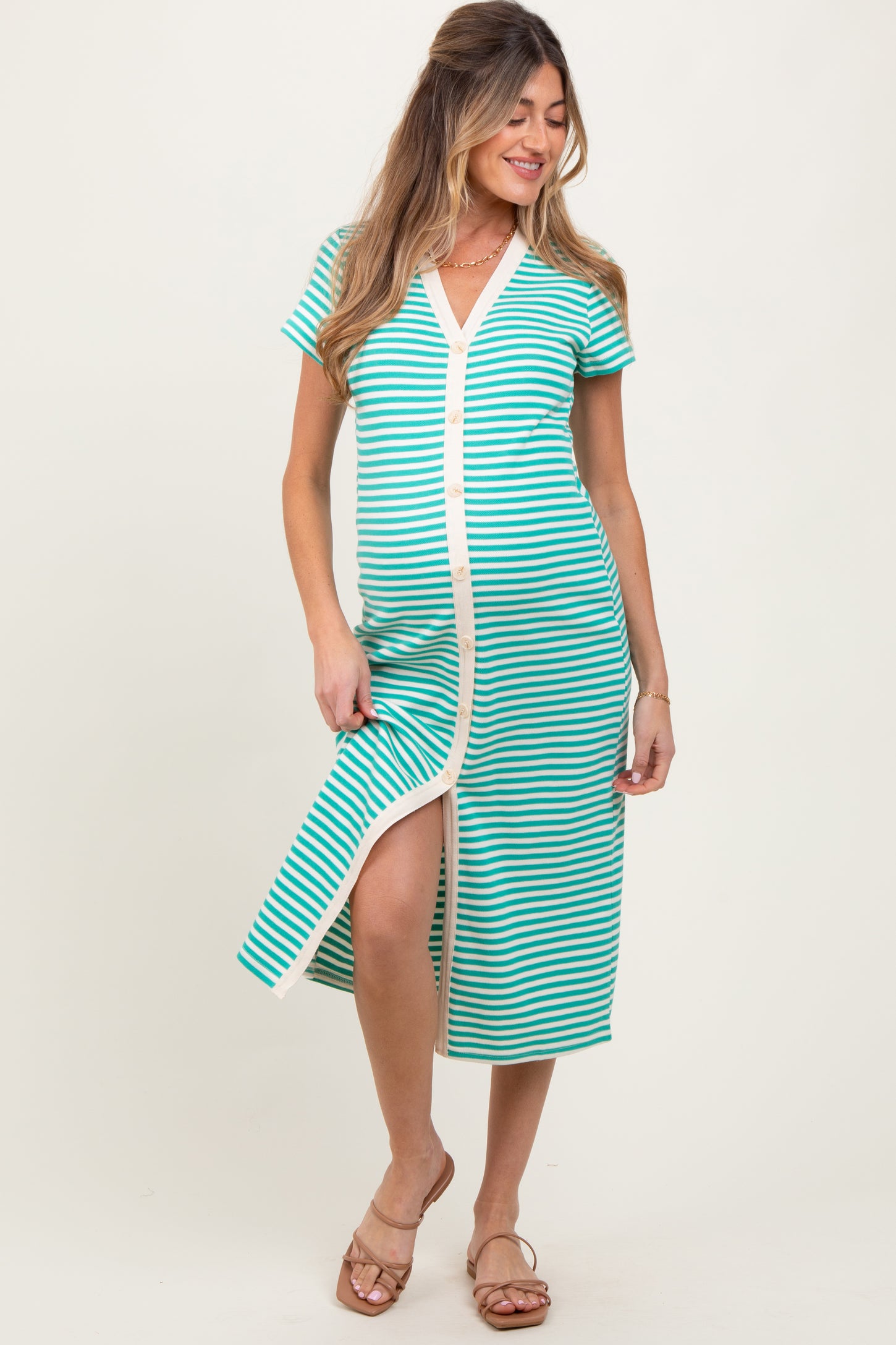 Jade Striped Button Down Maternity Midi Dress