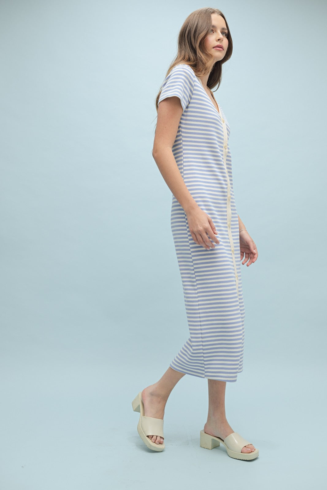 Light Blue Striped Button Down Midi Dress