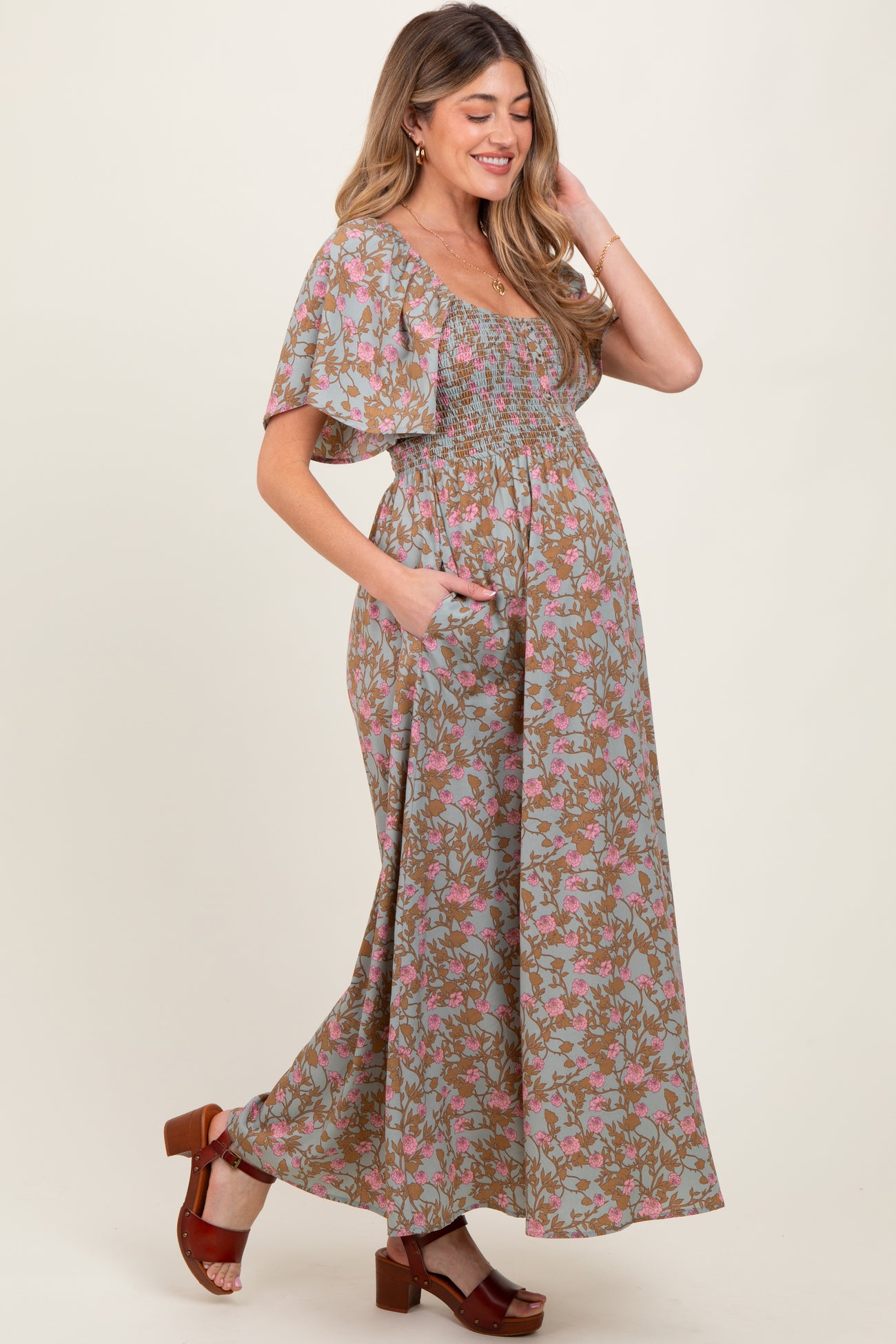 Blue Floral Smocked Flutter Sleeve Maternity Maxi Dress