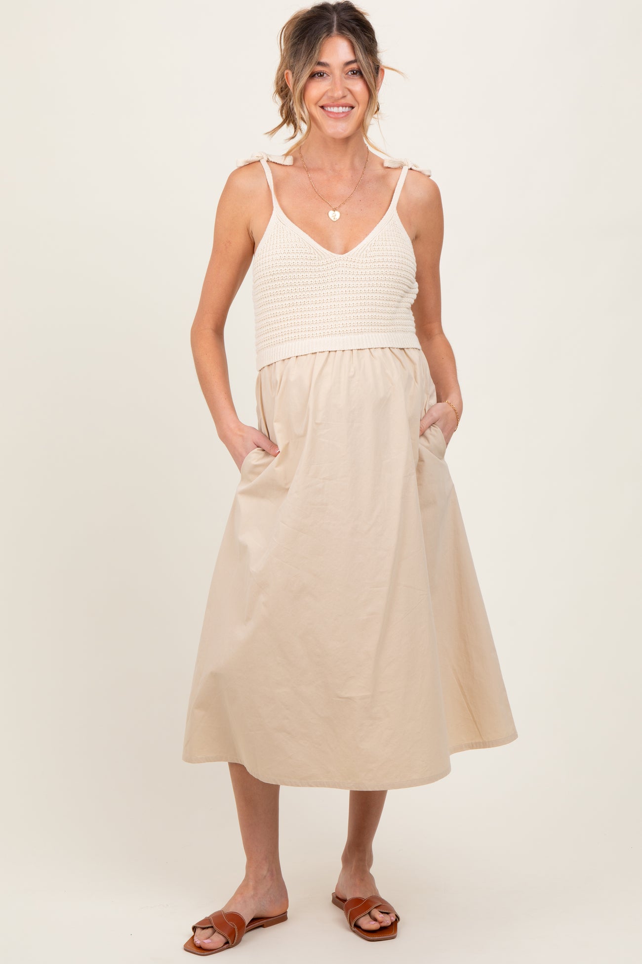 Cream Contrast Knit Bodice Maternity Midi Dress