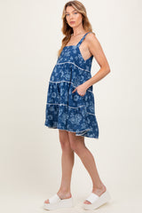 Navy Blue Floral Tiered Maternity Mini Dress