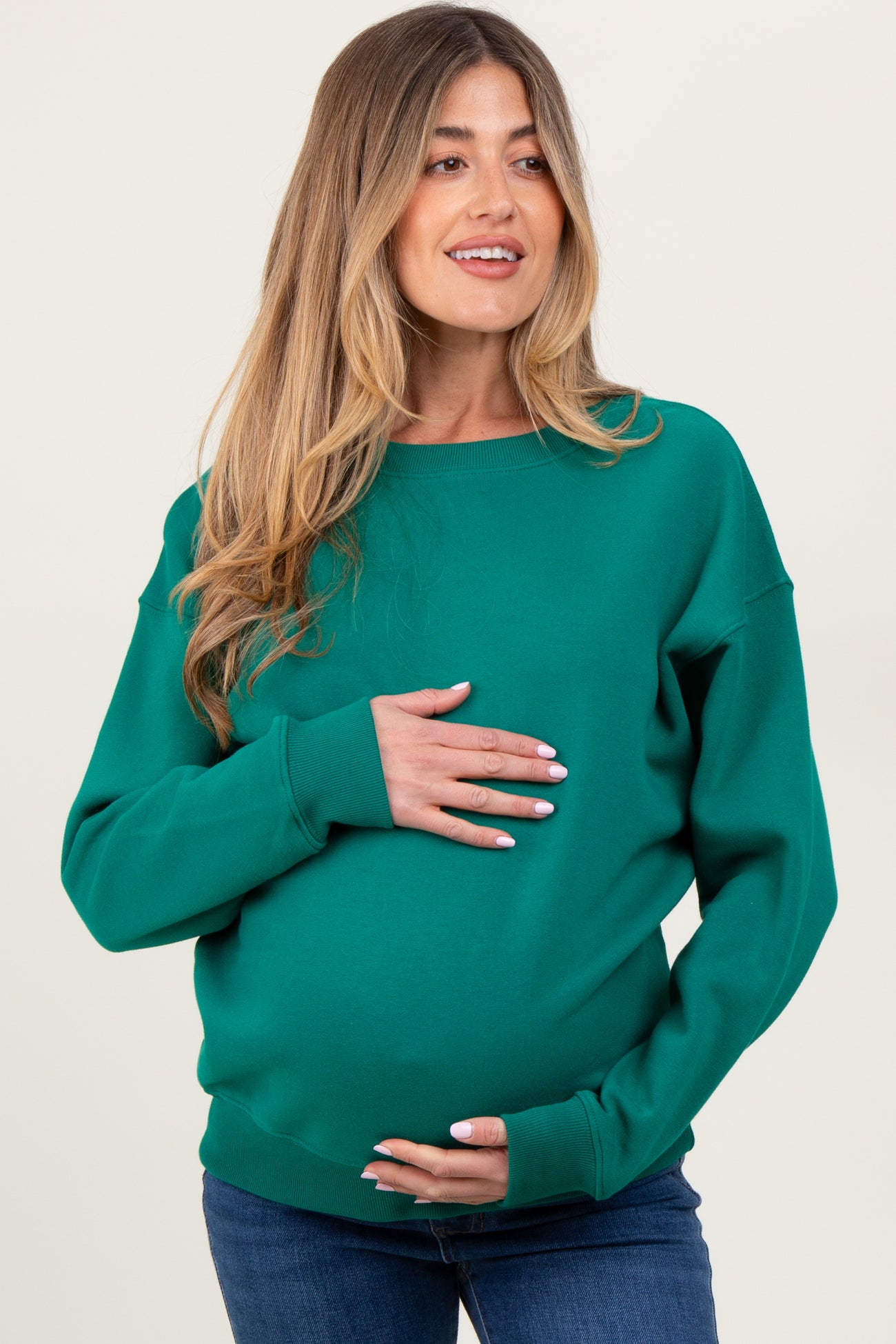 Forest Green Basic Fleece Crewneck Maternity Sweatshirt