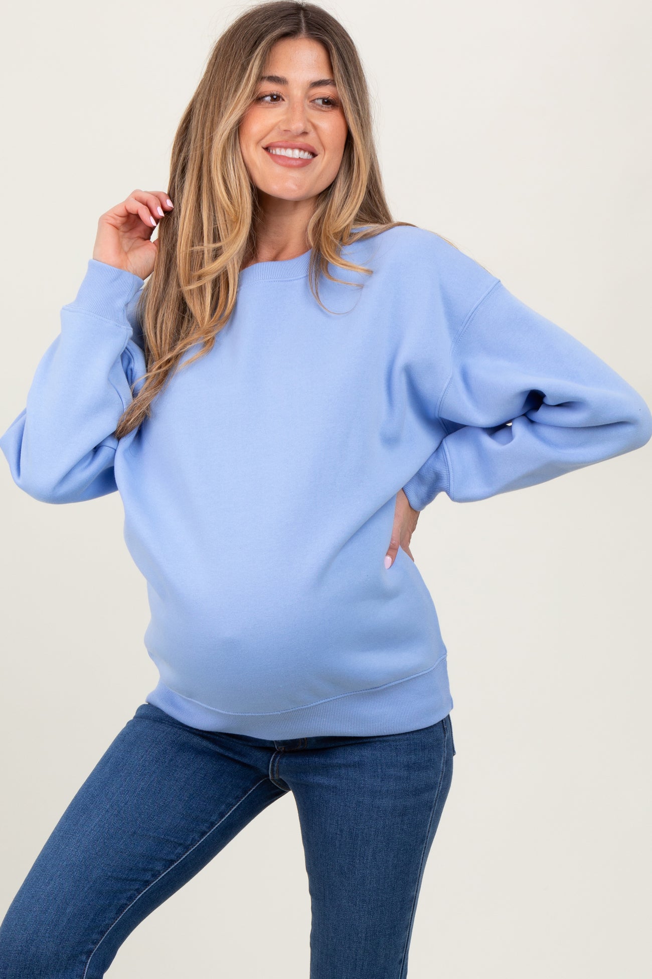 Light Blue Basic Fleece Crewneck Maternity Sweatshirt