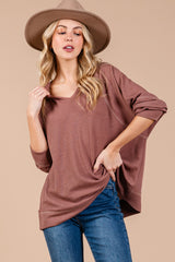 Mocha Oversized V-Neck Waffle Knit Maternity Long Sleeve Top