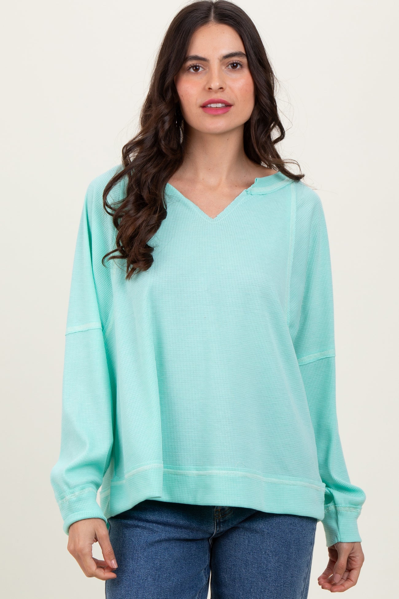 Mint Oversized V-Neck Waffle Knit Maternity Long Sleeve Top
