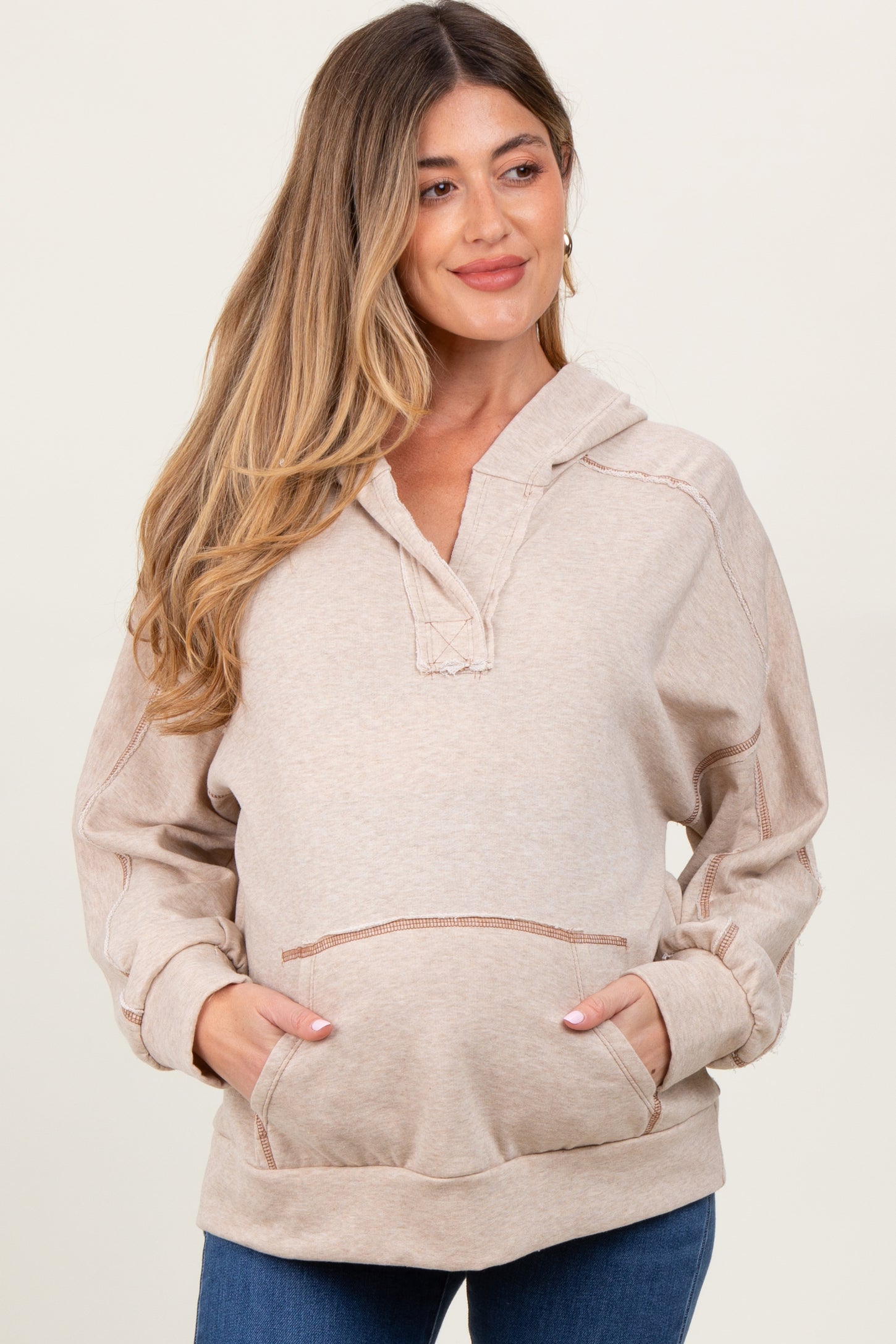 Beige Oversized Raw Hem Maternity Hoodie