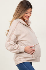 Beige Oversized Raw Hem Maternity Hoodie