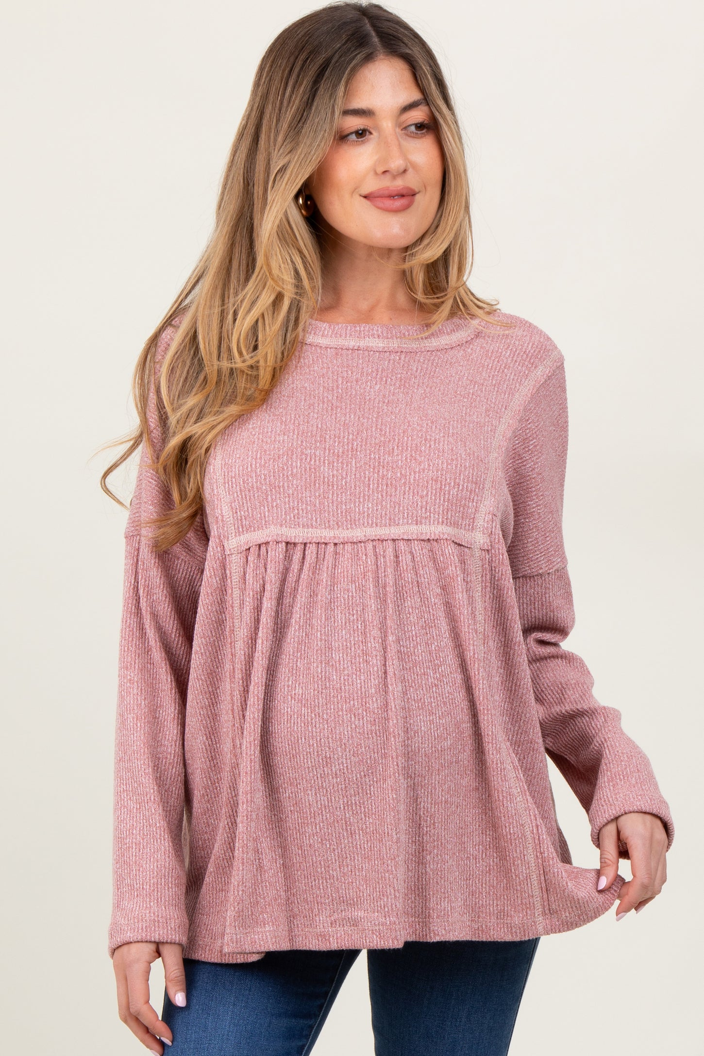 Mauve Ribbed Brushed Knit Oversized Long Sleeve Maternity Top