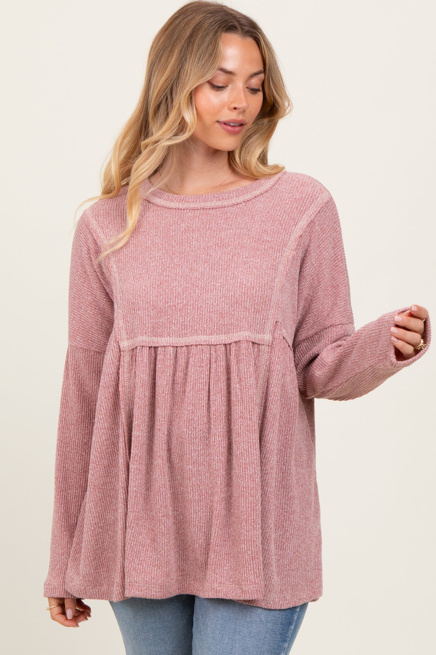 Mauve Ribbed Brushed Knit Oversized Long Sleeve Maternity Top