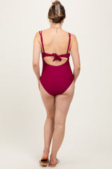 Burgundy Scalloped V-Neck Back Tie Cutout Maternity One Piece Swimsuit