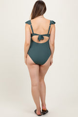 Olive Ribbed Front Tie Cutout Ruched Maternity Swimsuit