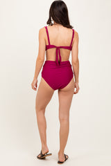 Magenta Scalloped V-Neck High Waist Two-Piece Swimsuit