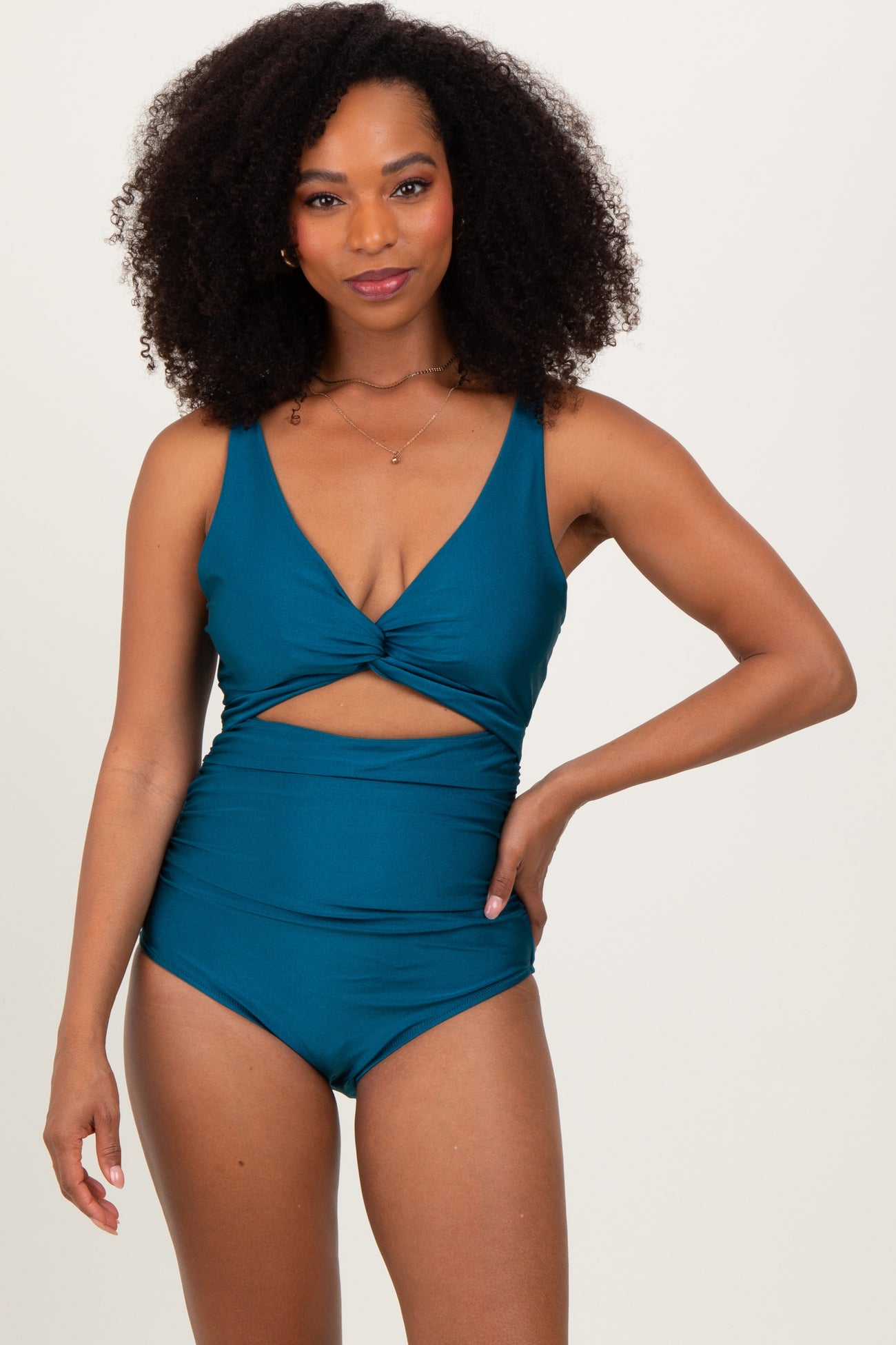 Teal Ruched Sides Front Cutout Maternity One Piece Swimsuit