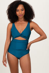Teal Ruched Sides Front Cutout Maternity One Piece Swimsuit