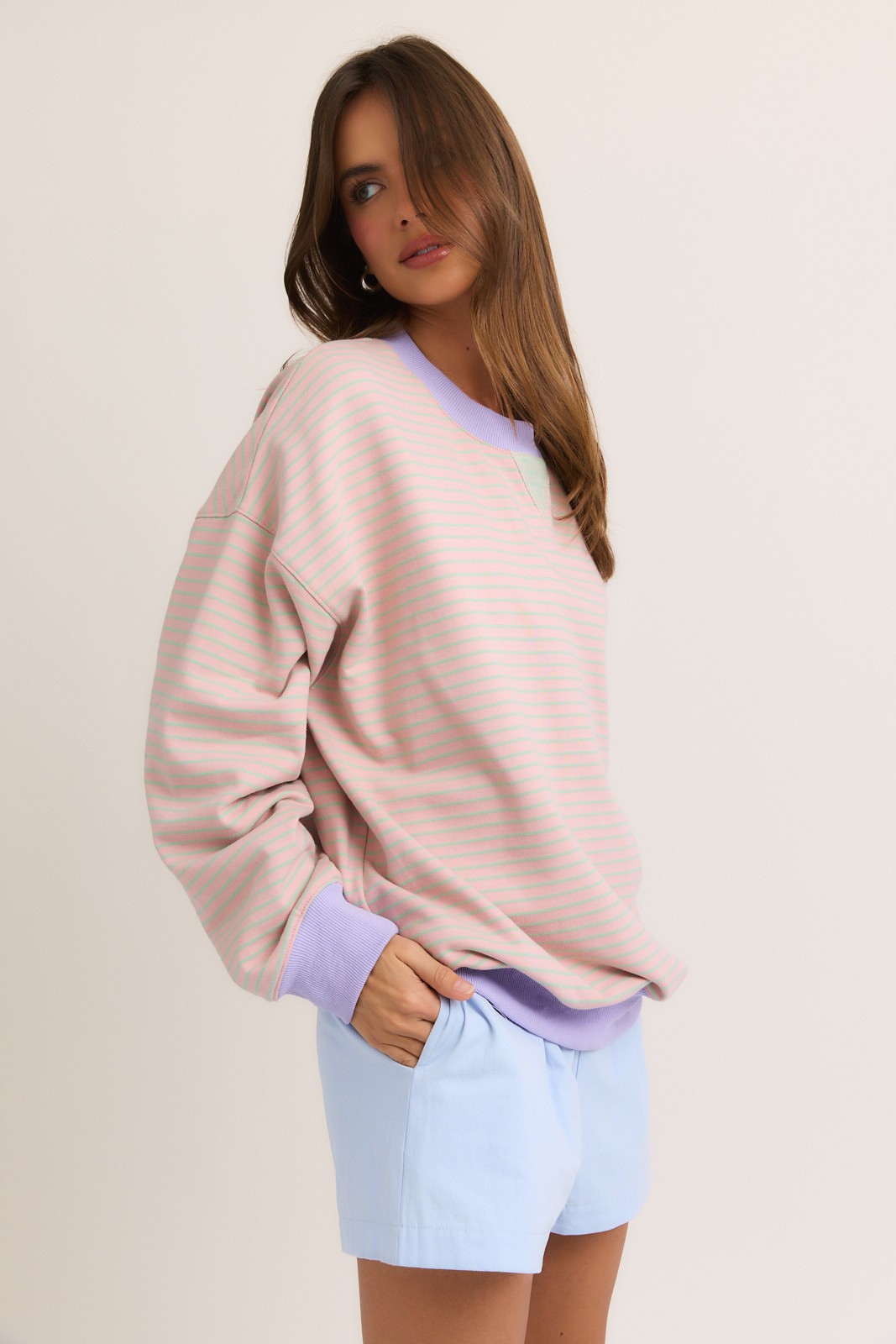 Light Pink Striped Crew Neck Oversized Sweatshirt