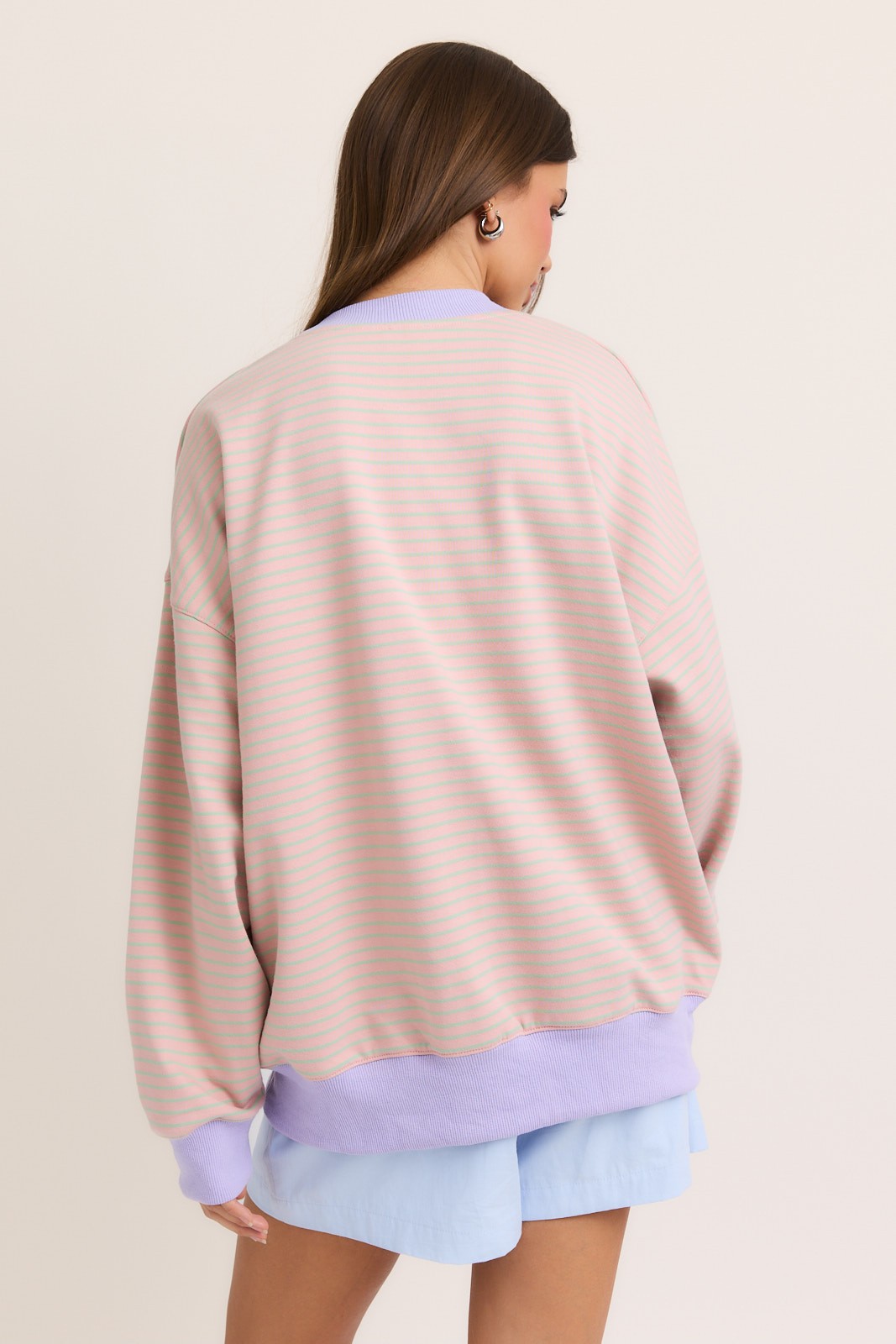 Light Pink Striped Crew Neck Oversized Sweatshirt