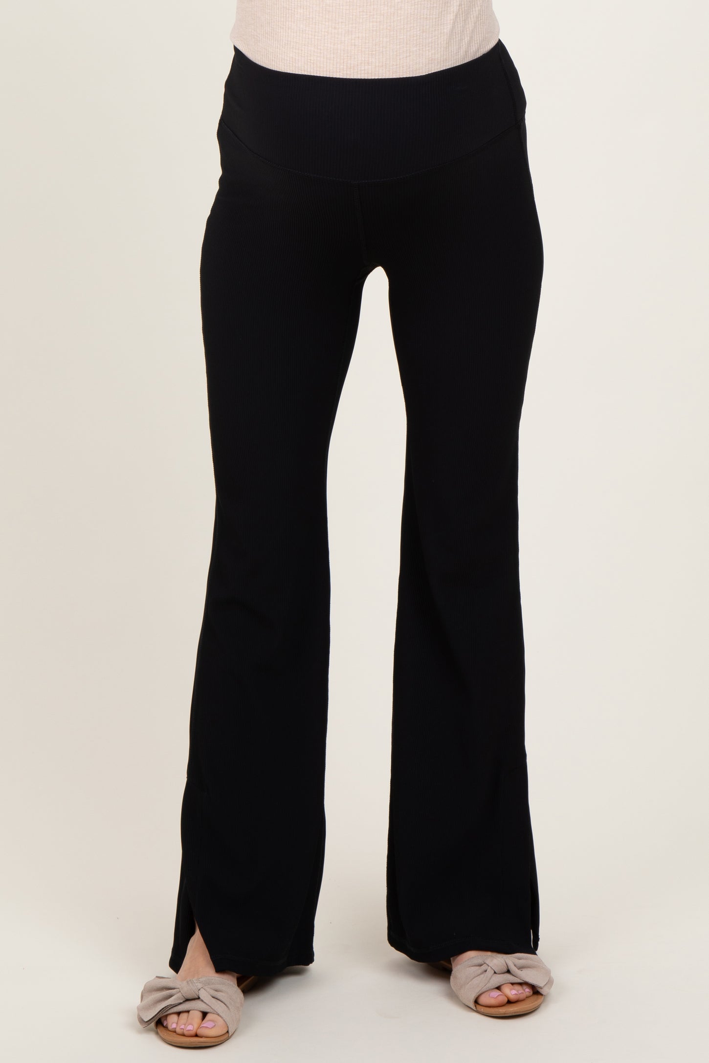 Black Ribbed Split Flare Maternity Leggings