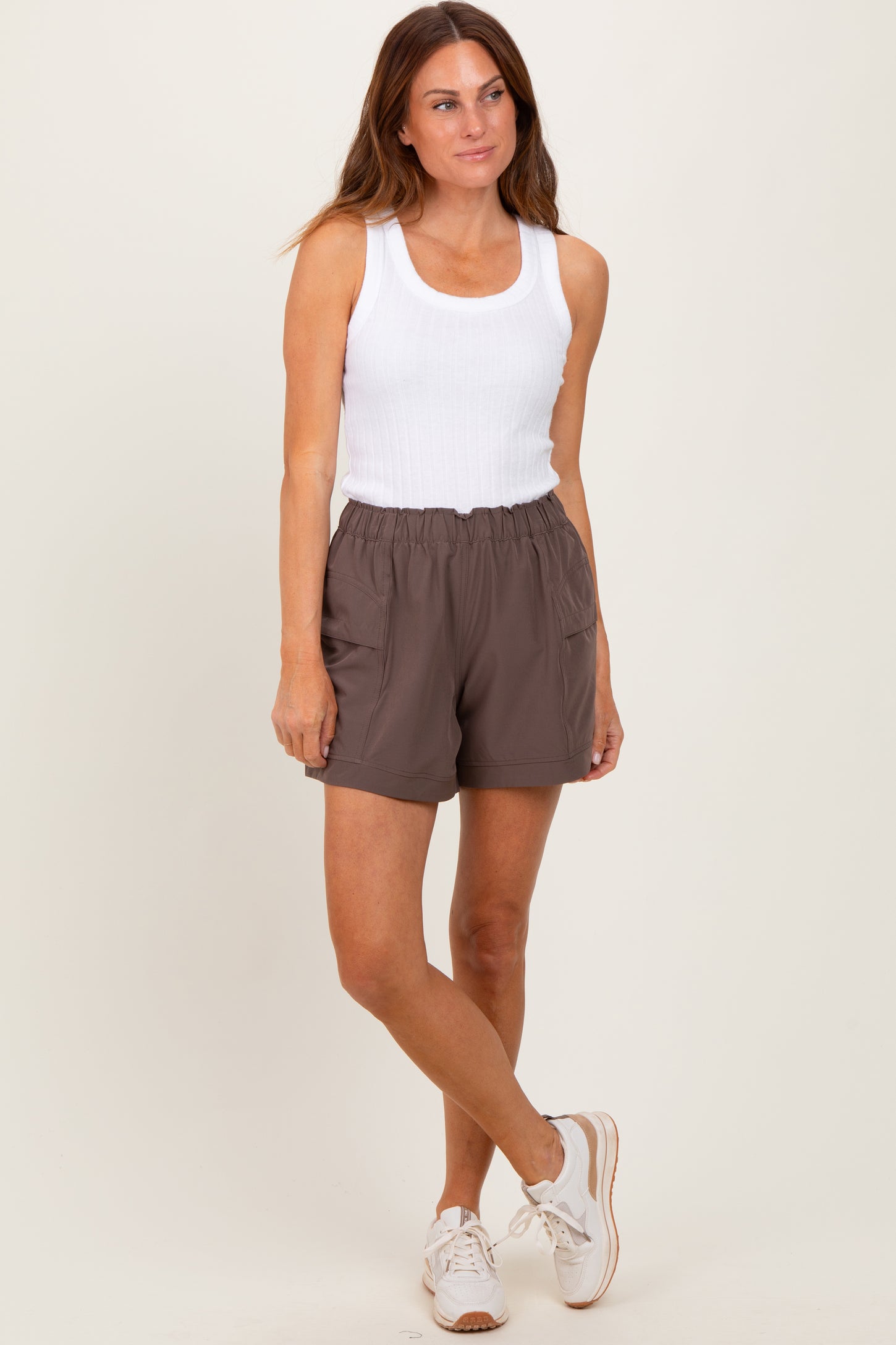 Brown Elastic Cargo Shorts