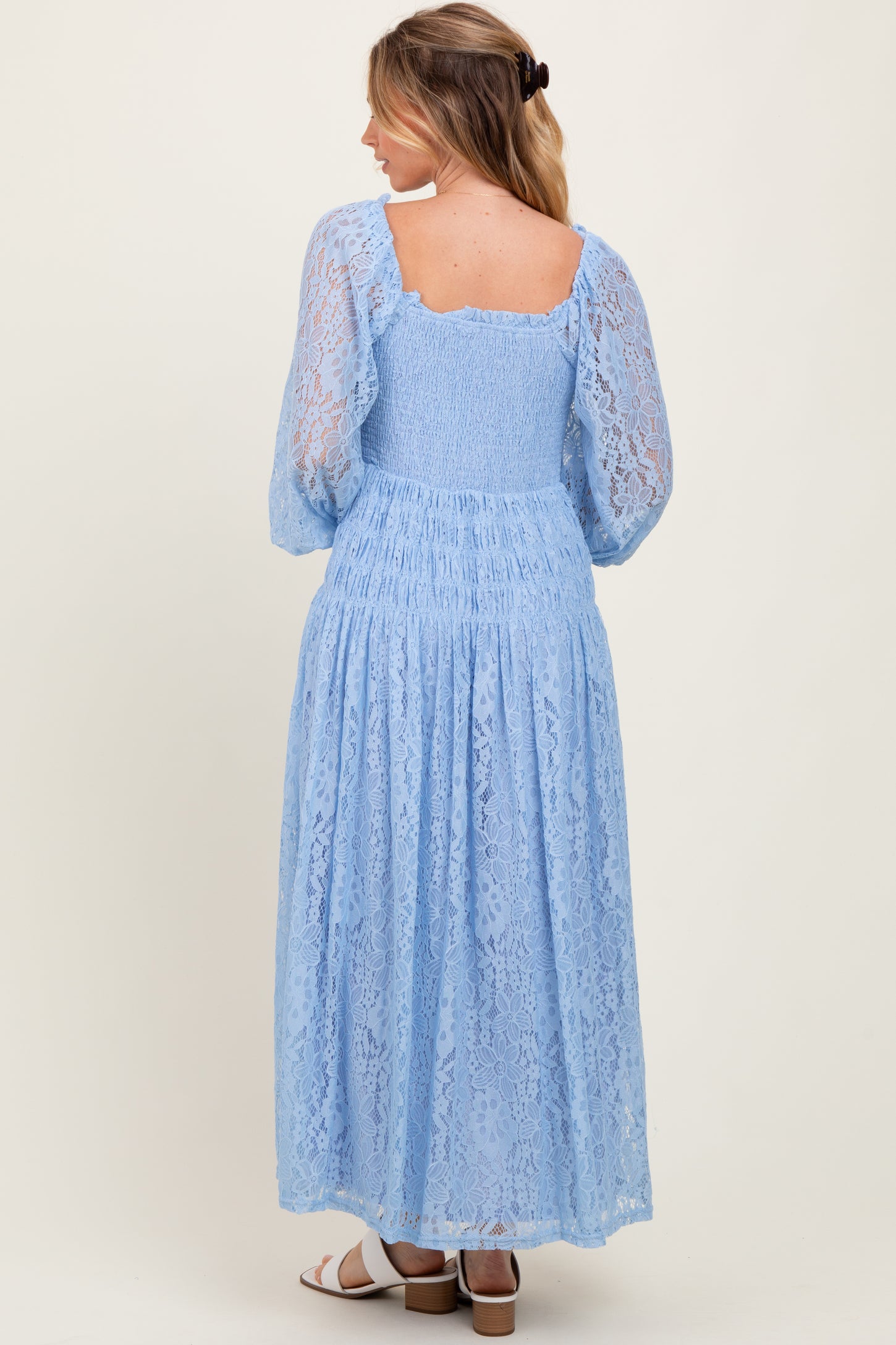 Periwinkle Lace Smocked Bubble Sleeve Maxi Dress