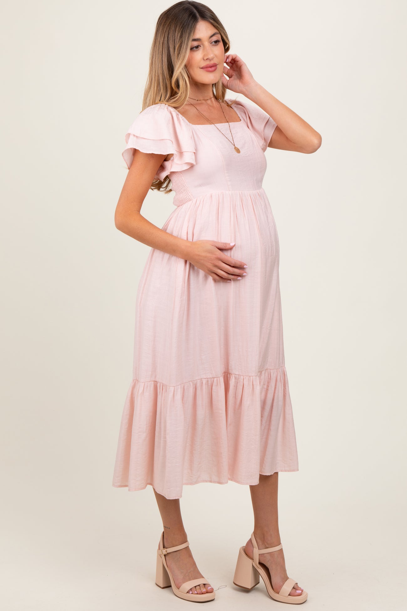 Light Pink Flutter Sleeve Maternity Midi Dress