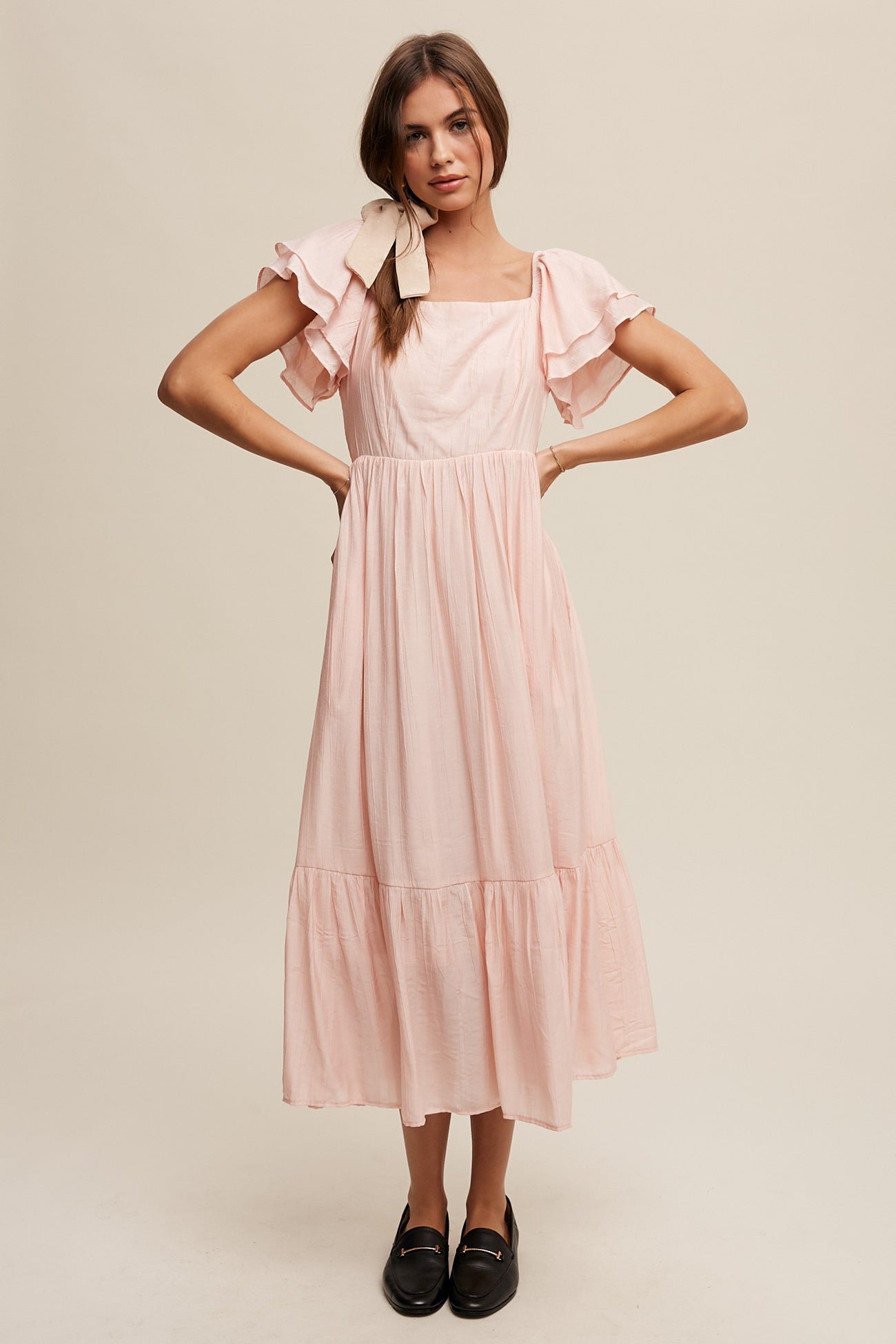 Light Pink Flutter Sleeve Maternity Midi Dress