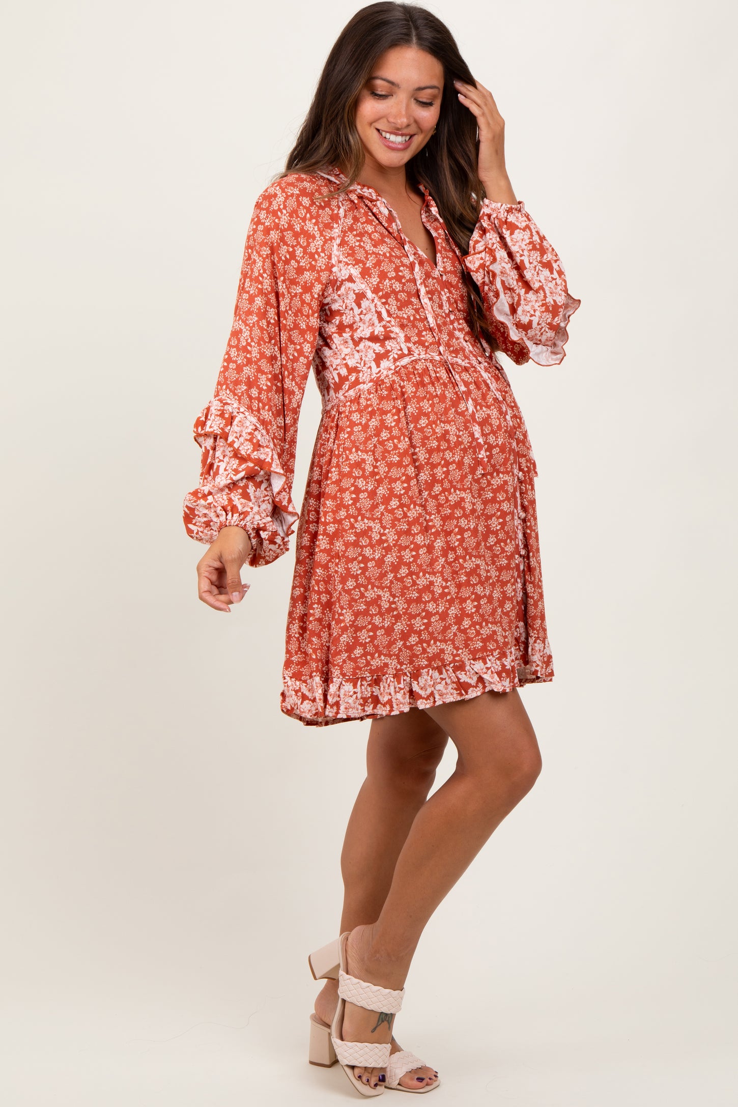 Rust Mixed Floral Tie Front Ruffle Accent Maternity Dress