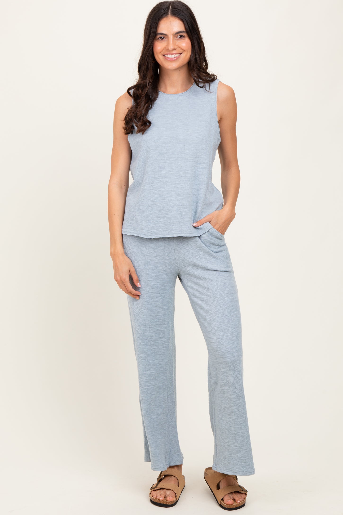 Light Blue Slub Knit Pants Set