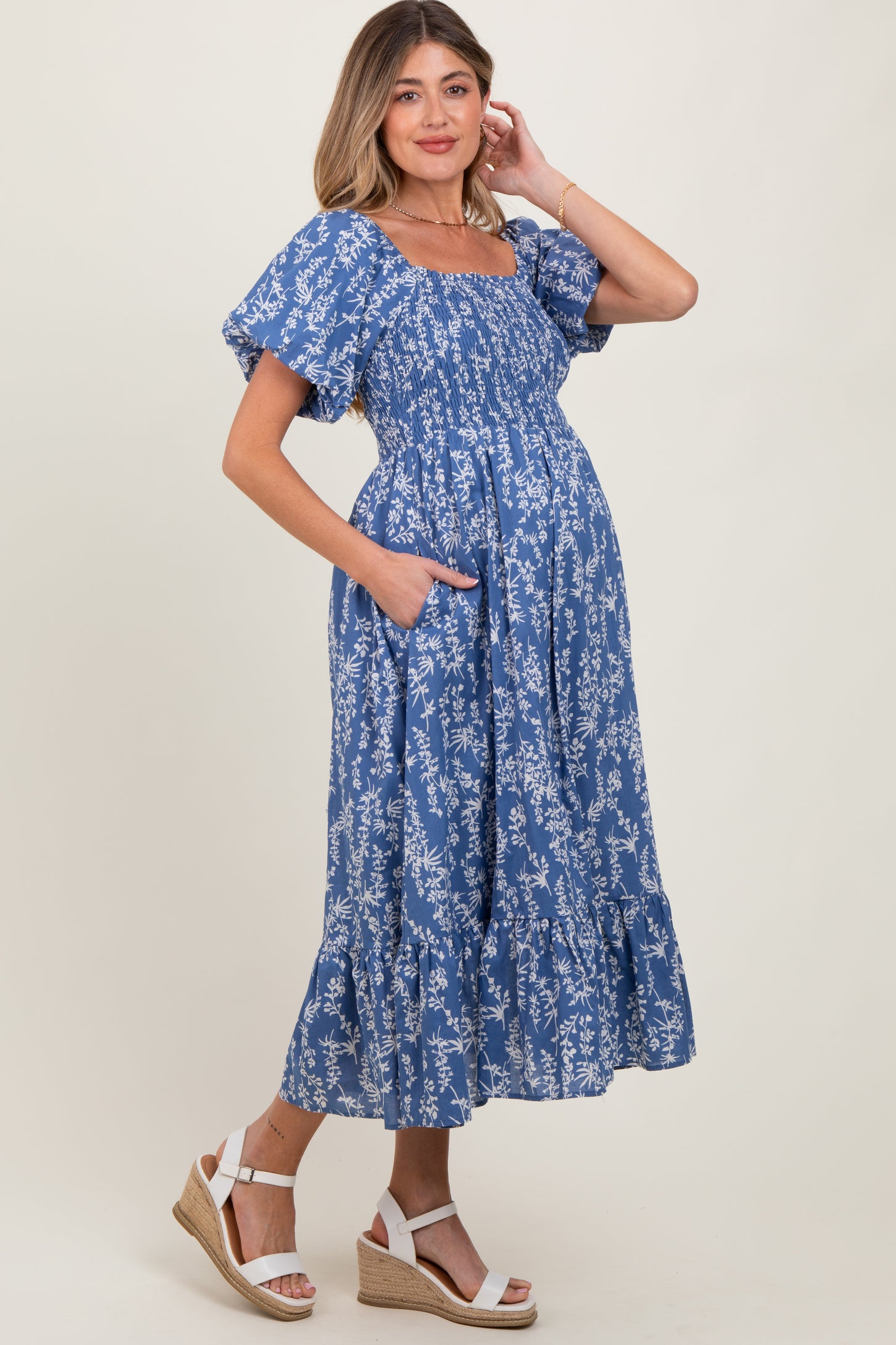 Blue Leaf Print Smocked Maternity Midi Dress