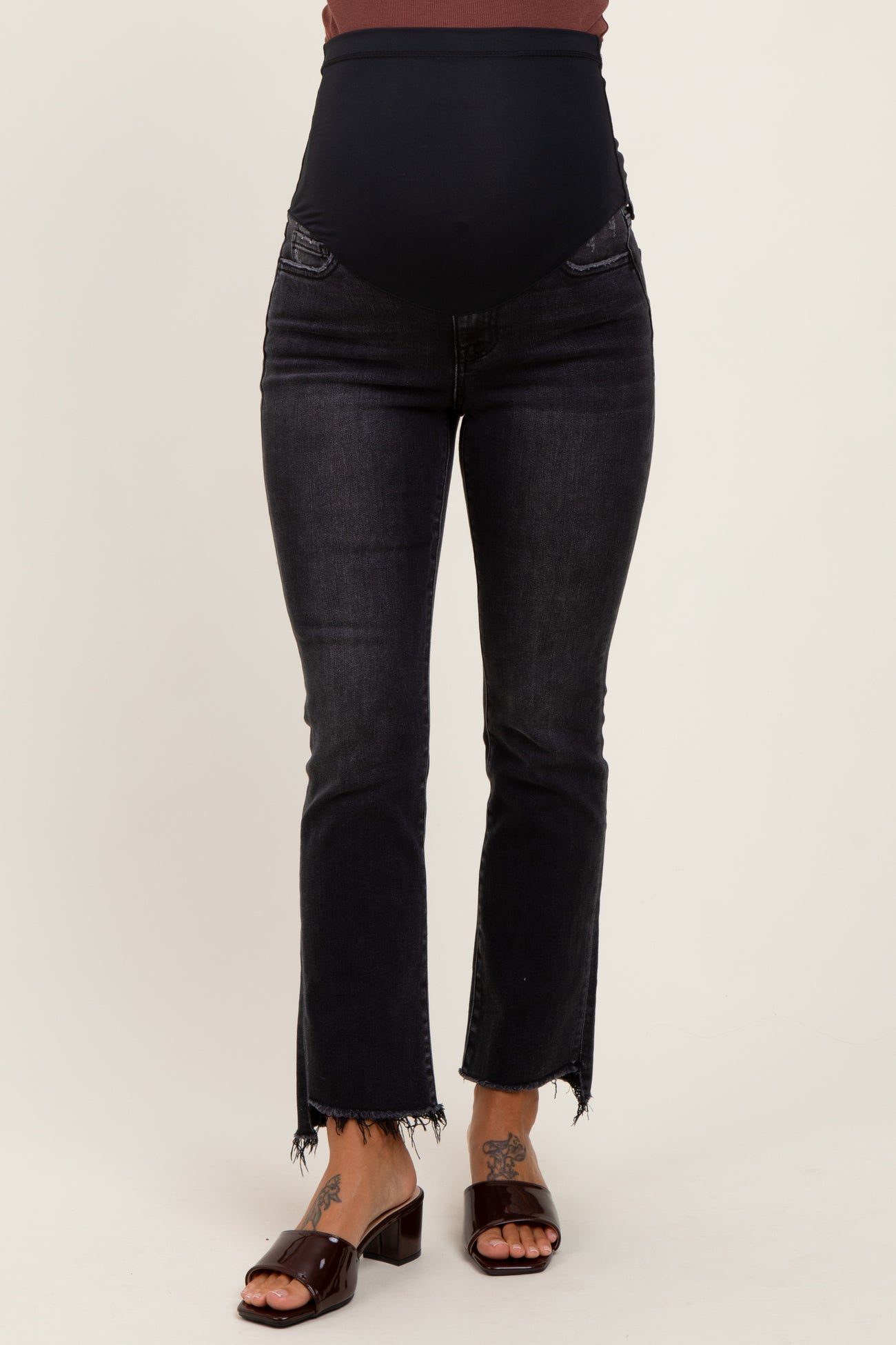 Black Washed Raw Hem Crop Flare Maternity Jeans