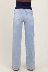 maternity wear light blue wide-leg jeans with a stretchy navy waistband