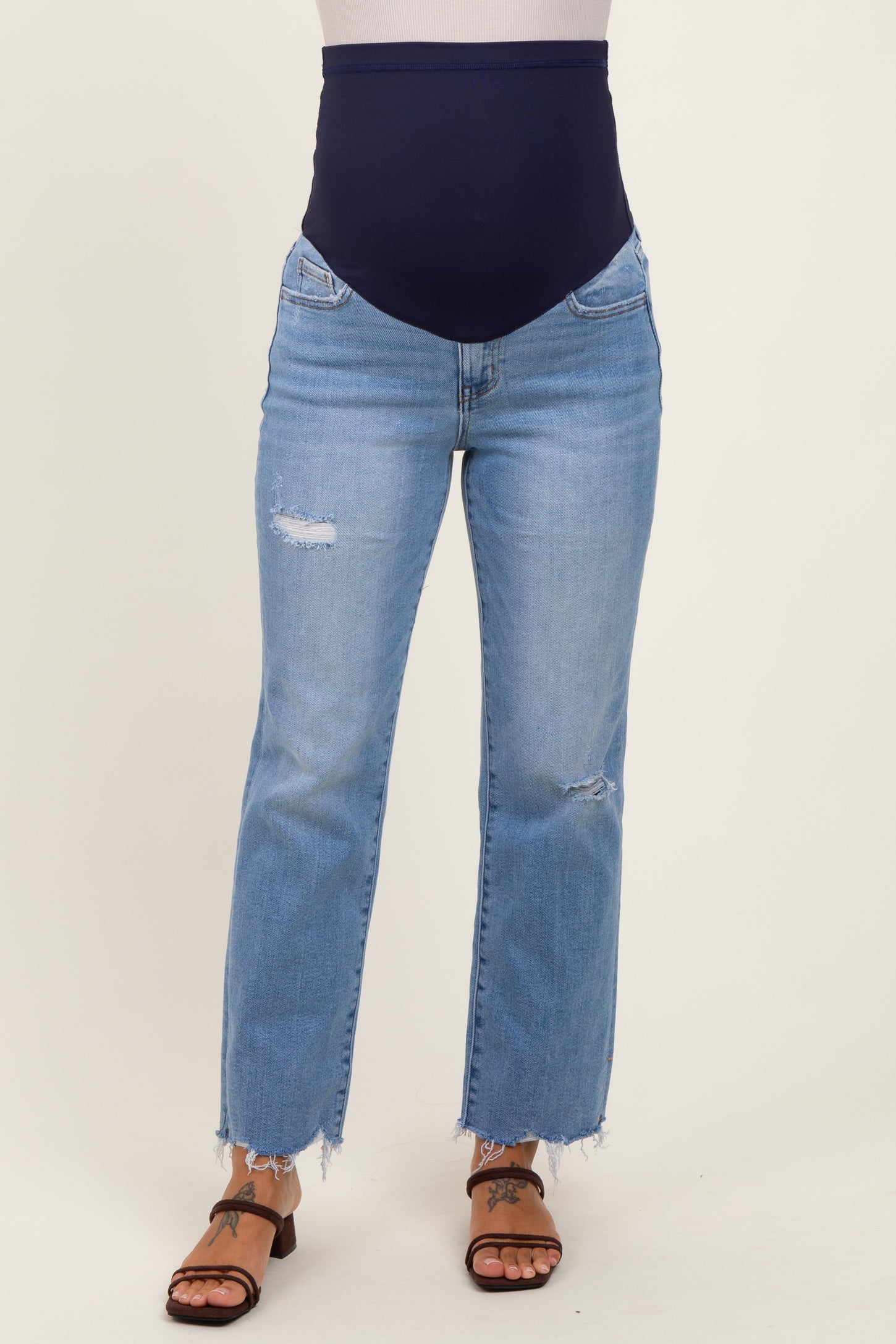 Blue Distressed Raw Hem Maternity Straight Leg Ankle Jeans