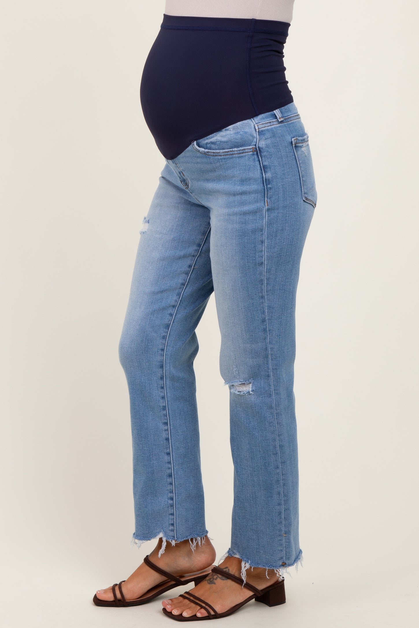 Blue Distressed Raw Hem Maternity Straight Leg Ankle Jeans