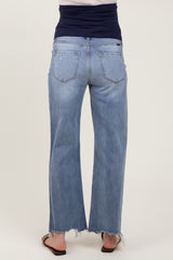 maternity wear light blue wide-leg jeans with a frayed hem, shown from the back on a model