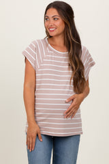 Mocha Stripe Ribbed Short Sleeve Maternity Tunic Top