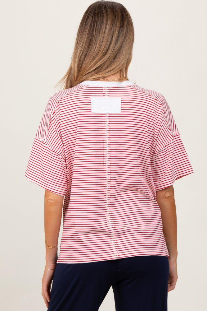 Red Striped Drop Shoulder Short Sleeve Maternity Top