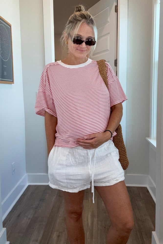 Red Striped Drop Shoulder Short Sleeve Maternity Top