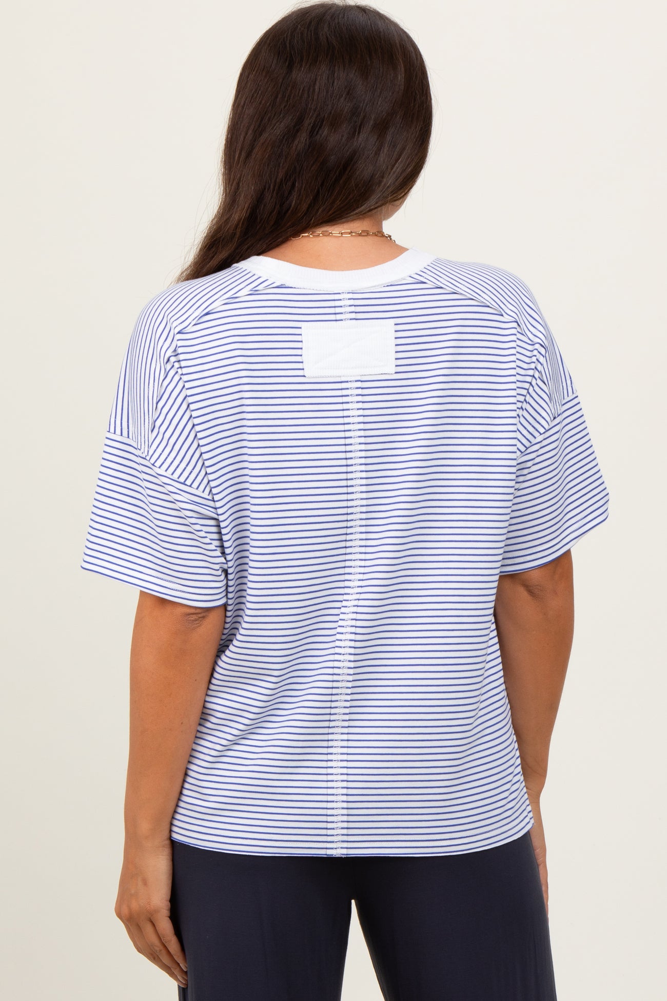 Royal Blue Striped Drop Shoulder Short Sleeve Maternity Top