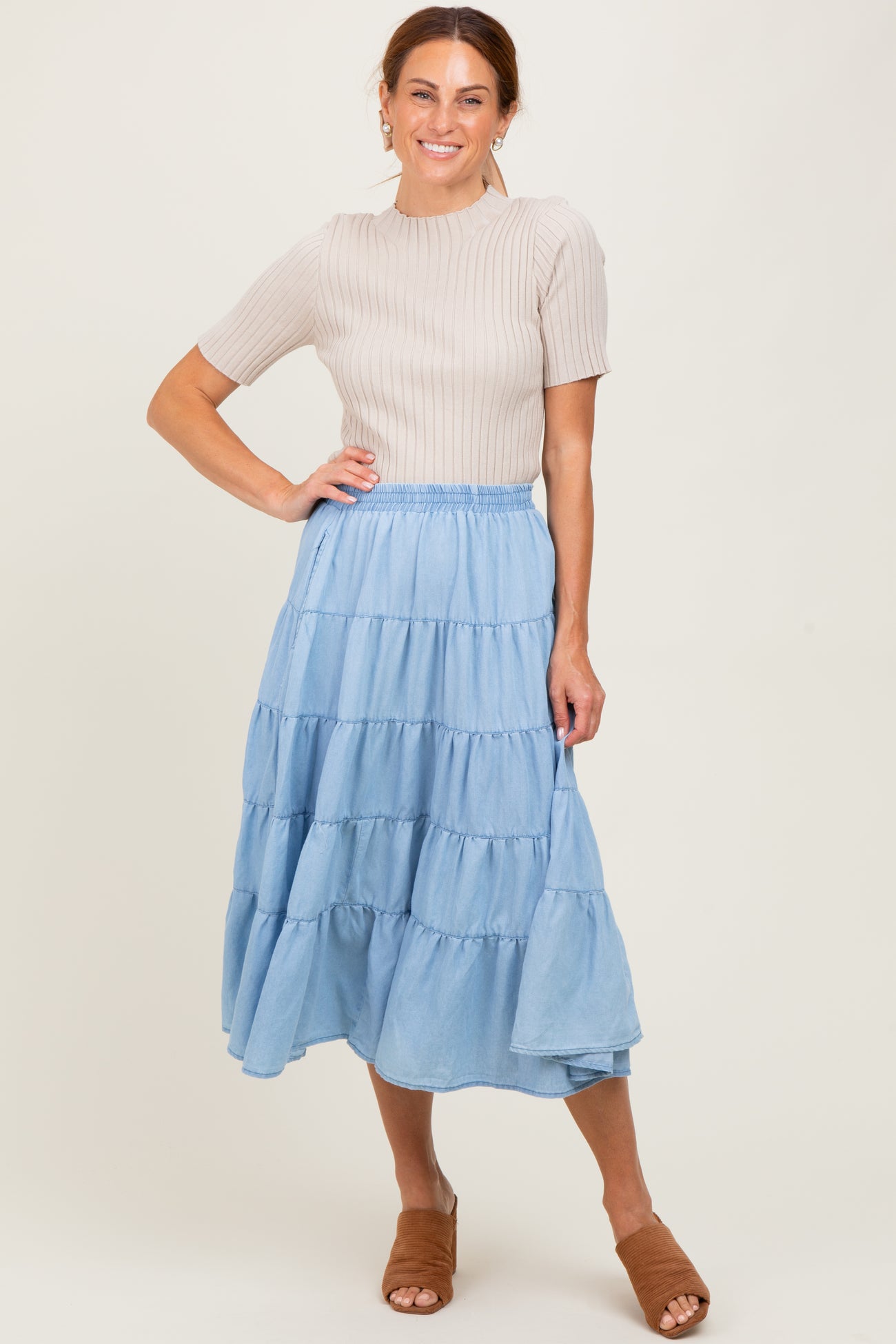 Light Blue Tiered Elastic Maternity Midi Skirt