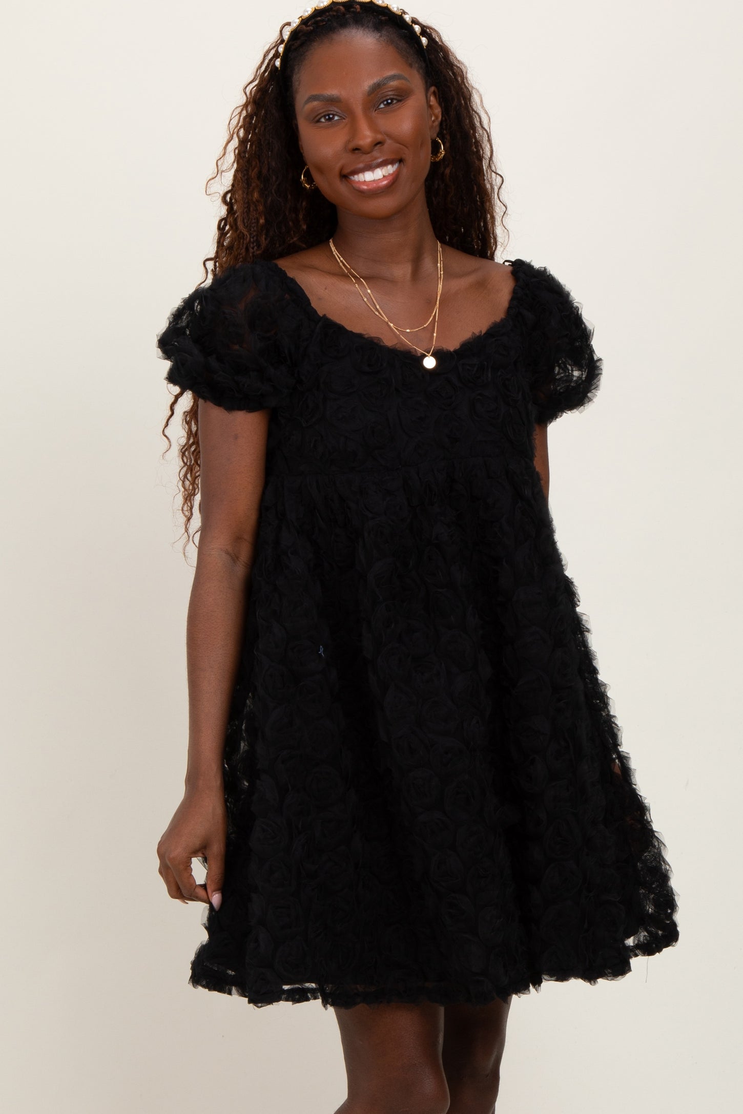 Black Floral Applique Overlay Maternity Dress
