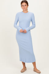 Light Blue Ribbed Knit Fitted Maternity Midi Sweater Dress