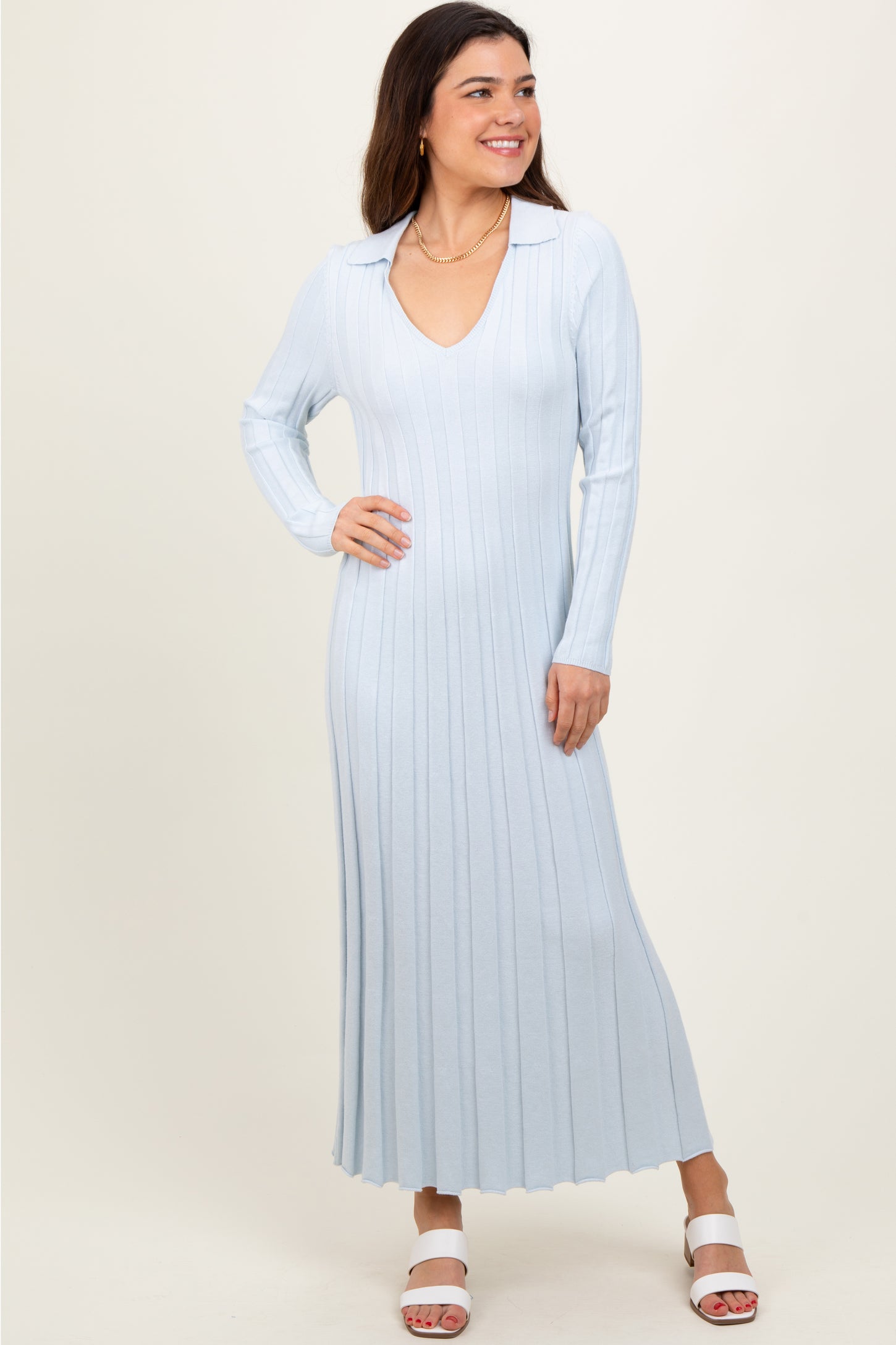Light Blue Wide Ribbed Knit Collared Maternity Midi Dress
